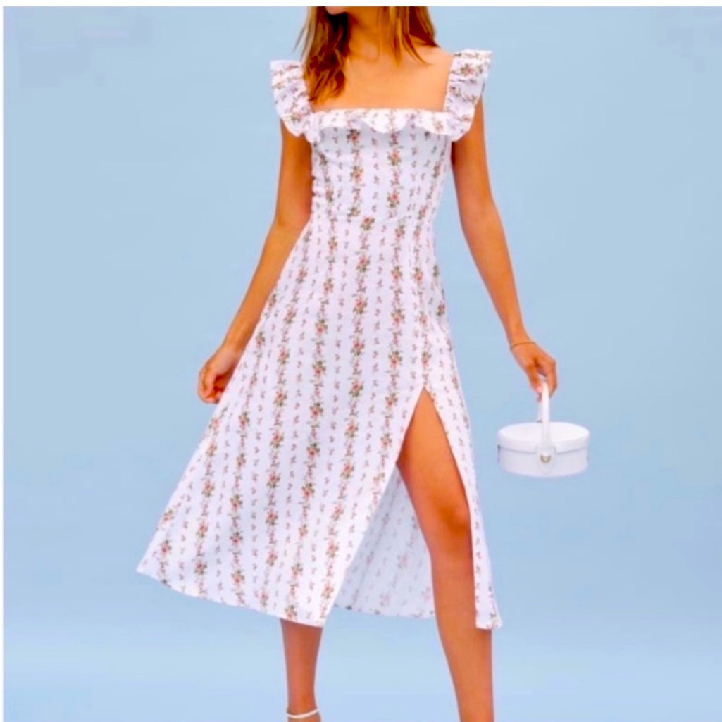 Reformation Amethyst Linen Midi Dress Ruffle Square Neck Floral Poppyseed White